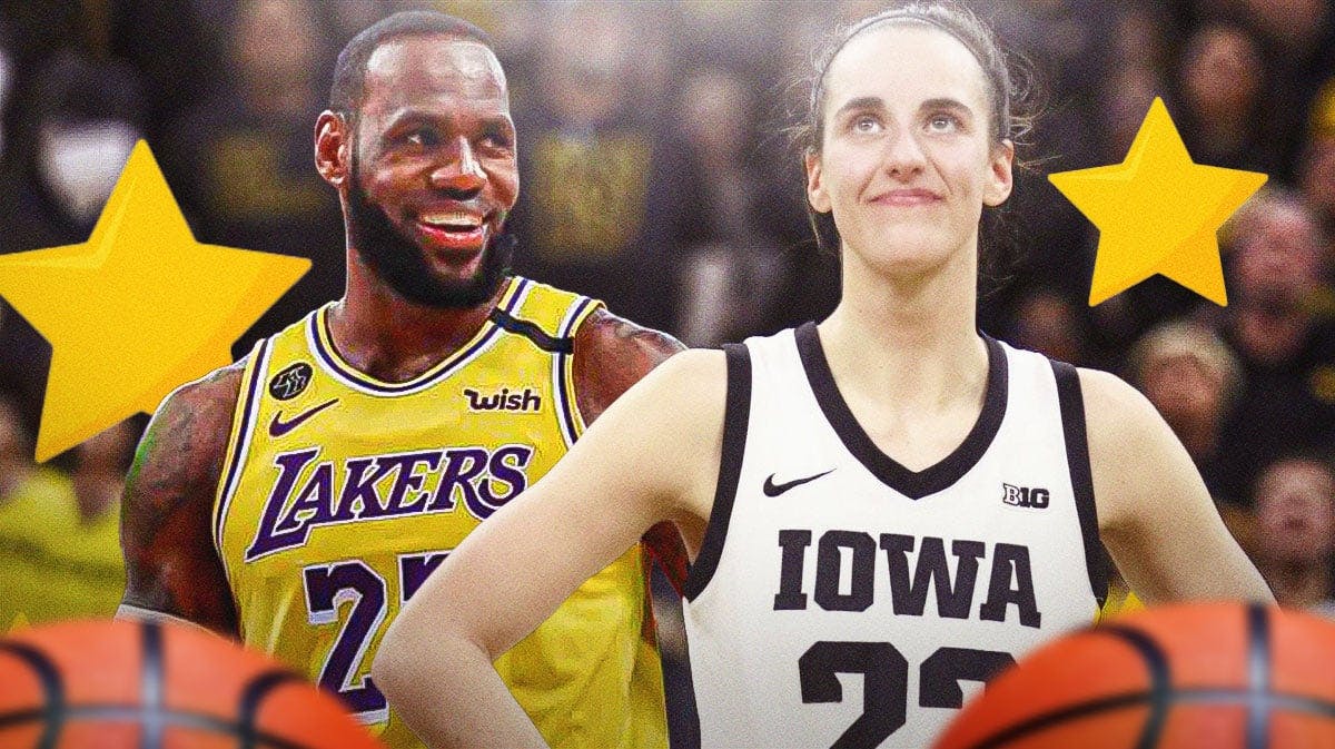 Iowa women's basketball player Caitlin Clark and Los Angeles Lakers player LeBron James, with stars and basketballs around the border of the image
