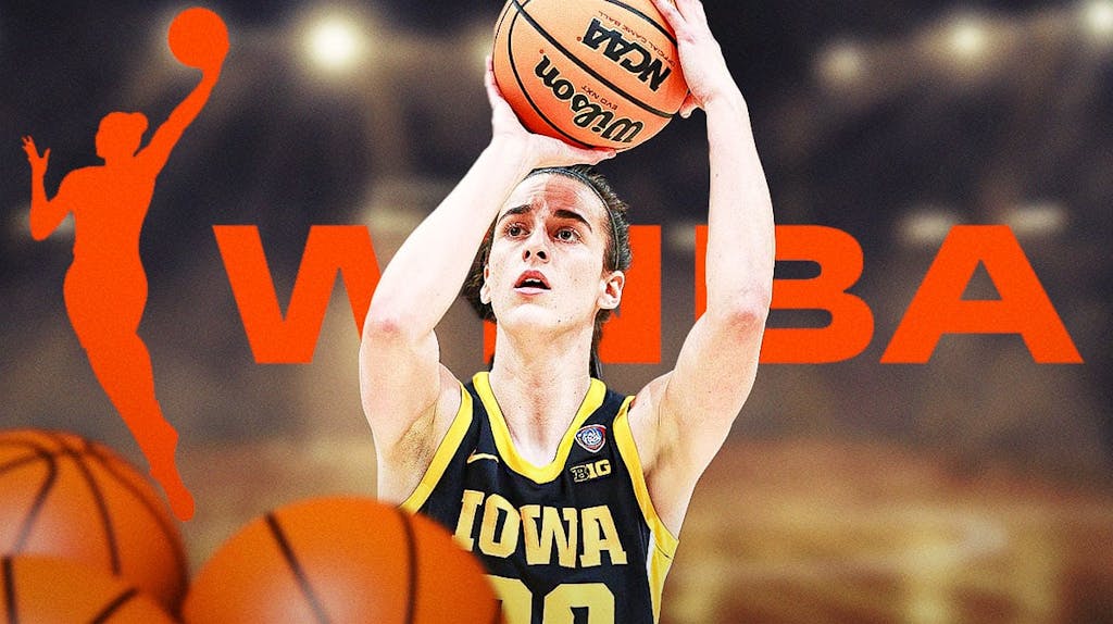 Caitlin Clark shooting a basketball, WNBA logo in background.