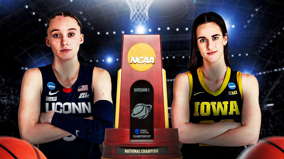 Iowa women's basketball player Caitlin Clark and UConn Women's basketball player Paige Bueckers, with the NCAA Division I women's basketball national championship trophy in the middle of both players