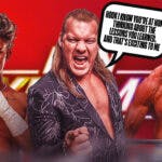 Chris Jericho with a text bubble reading "Hook I know you’re at home thinking about the lessons you learned, and that’s exciting to me" next to AEW's Hook and AEW's Big Bill with the AEW Dynamite logo as the background.