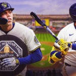 Brewers' Christian Yelich swinging a bat on right. On left, Brewers' Christian Yelich holding the MLB MVP trophy. In background, place American Family Field.