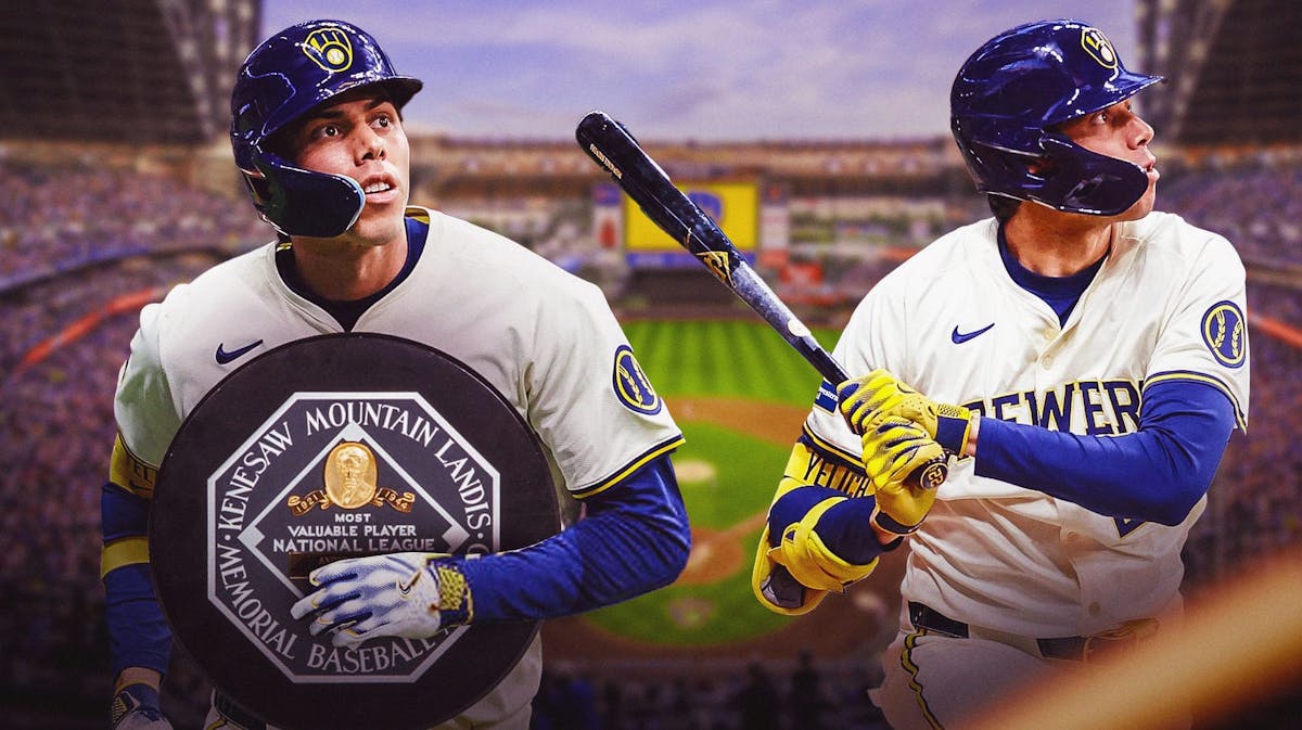 Brewers' Christian Yelich swinging a bat on right. On left, Brewers' Christian Yelich holding the MLB MVP trophy. In background, place American Family Field.