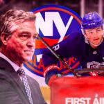 Noah Dobson in image looking stern, first aid kit, Patrick Roy in image looking stern, New York Islanders logo