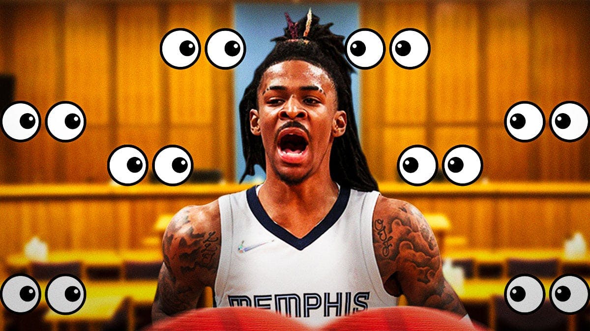 Ja Morant in a courtroom with a bunch of the big eyes emojis in the background