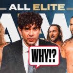 Tony Khan with a text bubble reading "Why!?" next to 2024 Jack Perry and the 2024 Young Bucks with the AEW Dynamite logo as the background.
