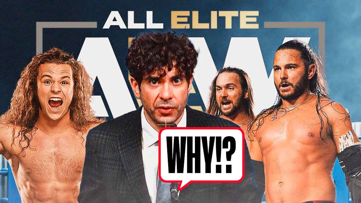 Tony Khan with a text bubble reading "Why!?" next to 2024 Jack Perry and the 2024 Young Bucks with the AEW Dynamite logo as the background.