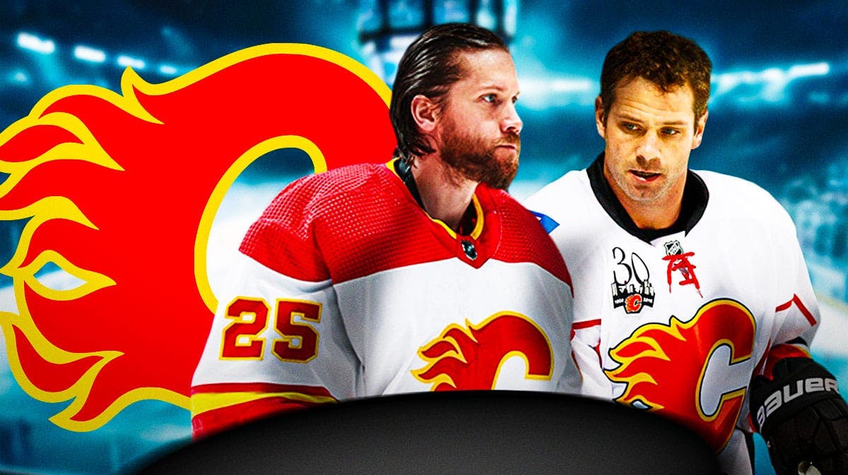 Jacob Markstrom in middle of image looking stern, Craig Conroy in image, 3-5 question marks, hockey rink in background, Calgary Flames logo