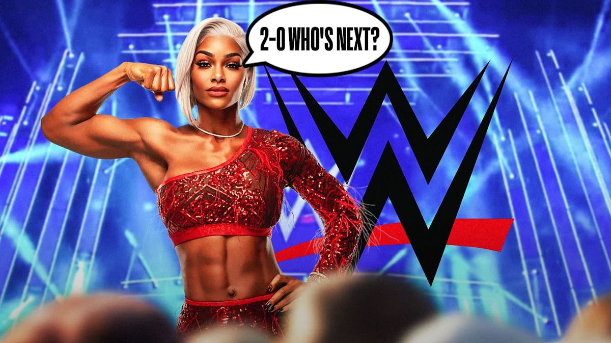 Jade Cargill with a text bubble reading "2-0 who's next?" with the WWE logo as the background.
