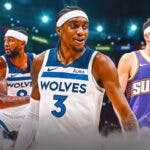 Timberwolves' Jaden McDaniels, Nickeil Alexander-Walker and Rudy Gobert with Suns' Devin Booker