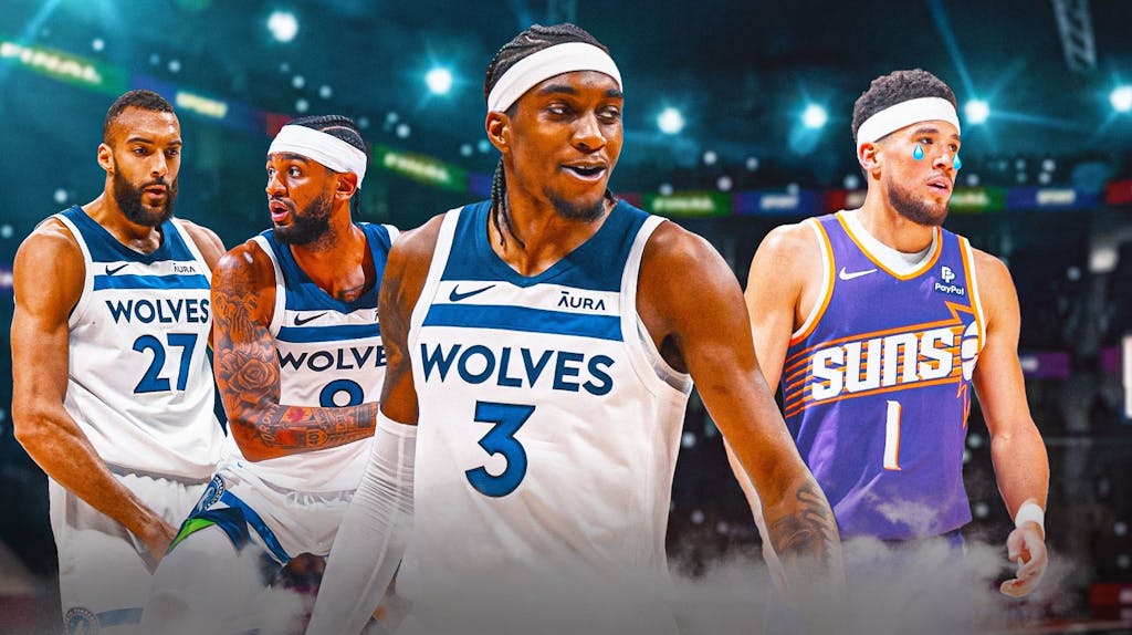 Timberwolves' Jaden McDaniels, Nickeil Alexander-Walker and Rudy Gobert with Suns' Devin Booker