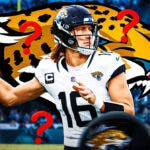 Trevor Lawrence in a Jaguars uniform with question marks all around.