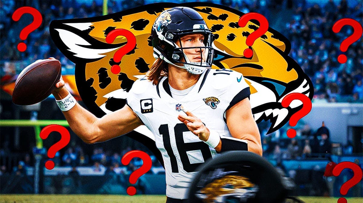 Trevor Lawrence in a Jaguars uniform with question marks all around.