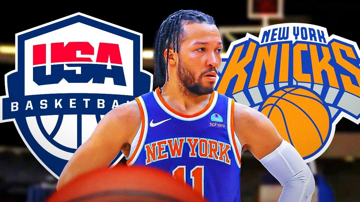 Knicks' Jalen Brunson stands next to Team USA roster logo