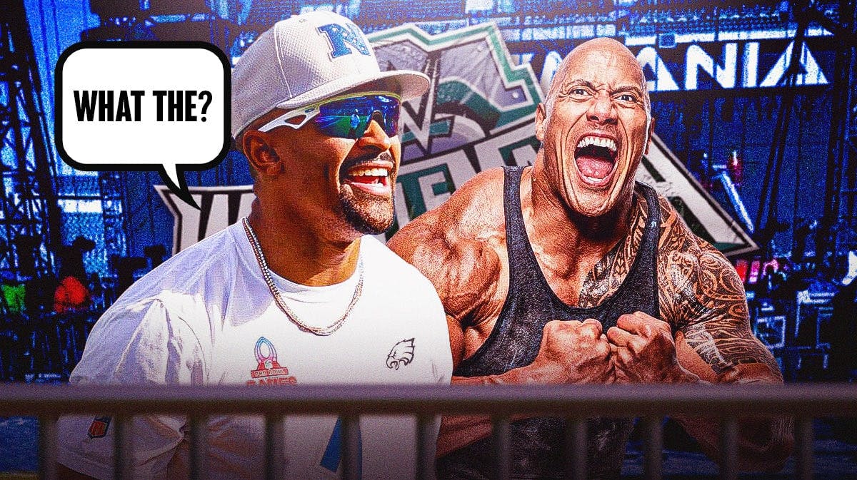 Jalen Hurts with a text bubble reading "What the?" next to The Rock with the WrestleMania 40 logo as the background.