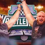 Jason Kelce and Lane Johnson standing at both corners of WWE ring with both arms raised. Wrestlemania logo in the background.