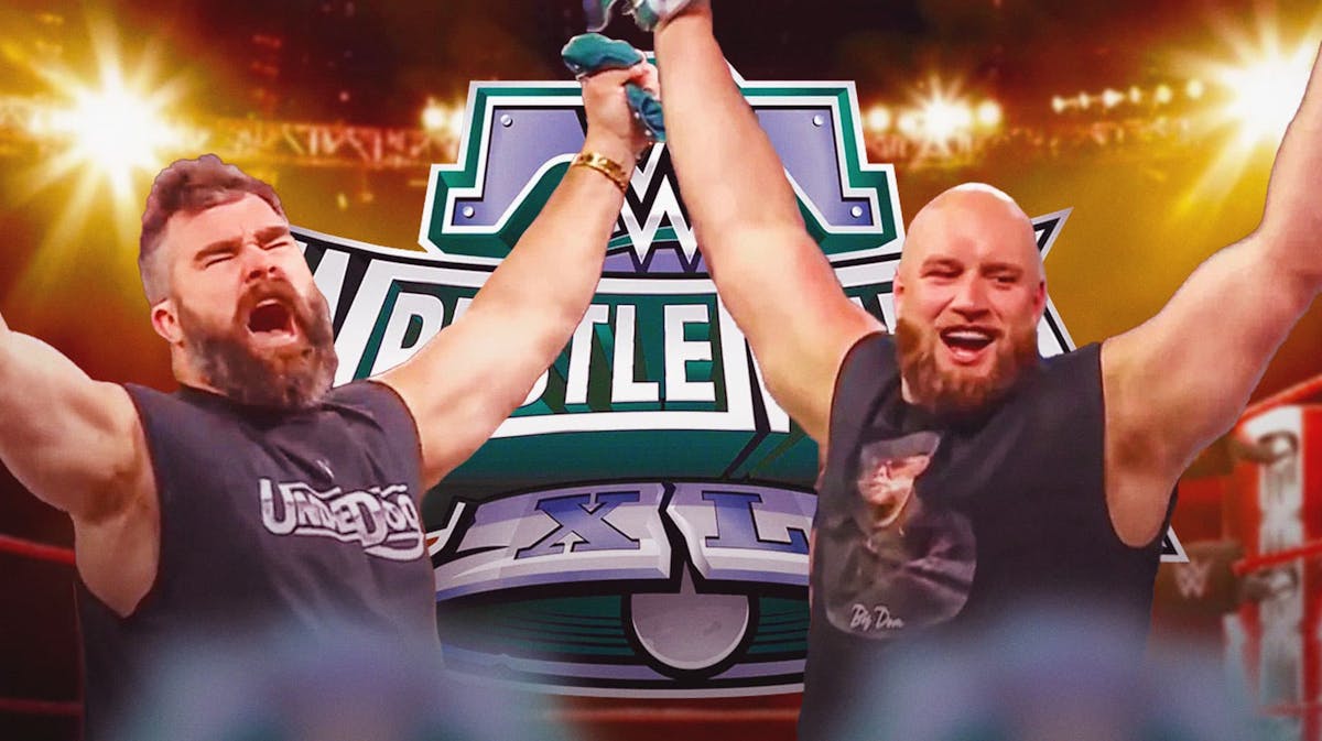 Jason Kelce and Lane Johnson standing at both corners of WWE ring with both arms raised. Wrestlemania logo in the background.
