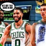 Jayson Tatum and Jaylen Brown smiling with a shared speech bubble saying "He's got that dawg in him". Payton Pritchard is next to them looking hyped and maybe this image is on his chest like in the memes