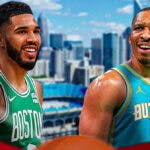 image idea: Jayson Tatum (smiling) next to Grant Williams (looking annoyed in a Hornets jersey) on a Charlotte city background