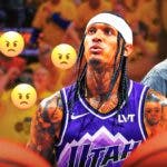 Jordan Clarkson and Danny Ainge on one side, a bunch of Utah Jazz fans on the other side with angry emojis over their faces