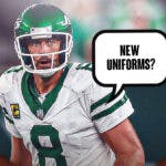Aaron Rodgers wearing a Jets uniform saying the following: New uniforms?