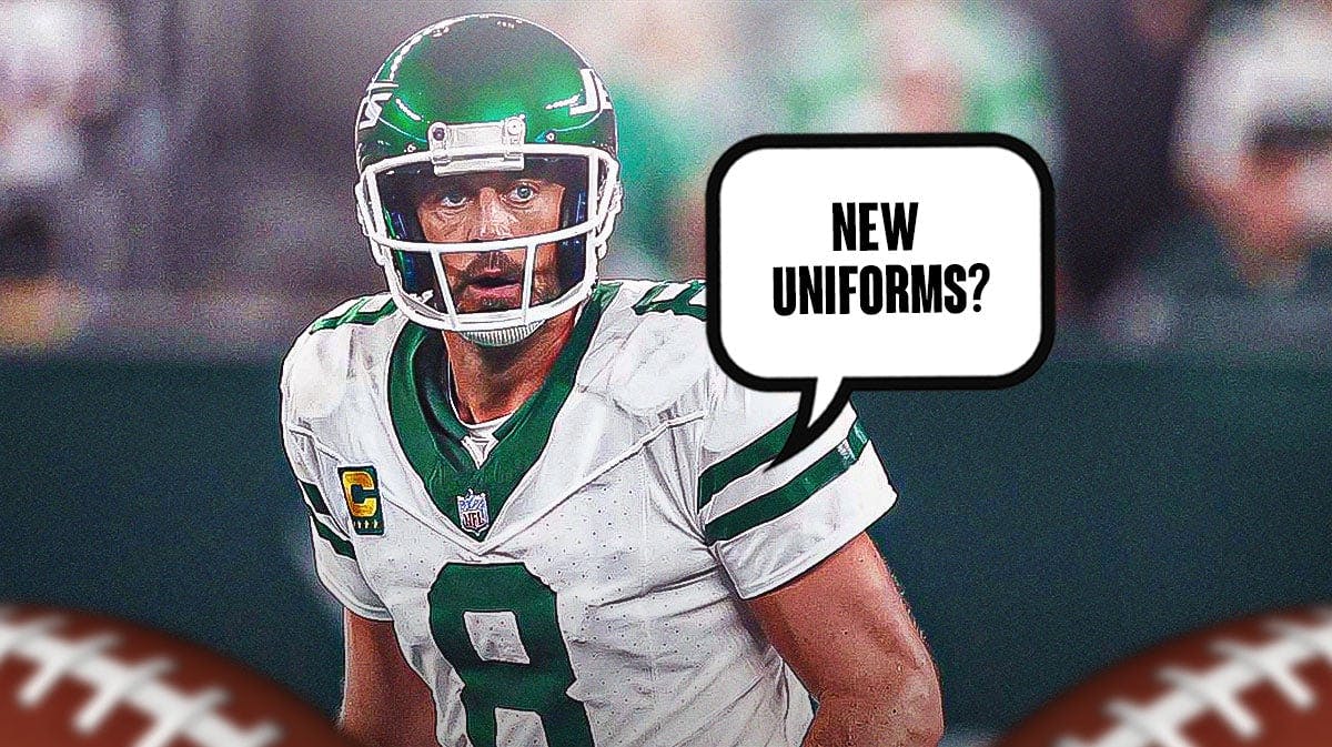Aaron Rodgers wearing a Jets uniform saying the following: New uniforms?
