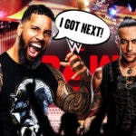 Jey Uso with a text bubble reading "I got next!" next to Damian Priest with the RAW logo as the bakground.