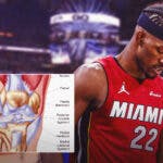 Heat's Jimmy Butler looking tired, with diagram of knee injury beside him