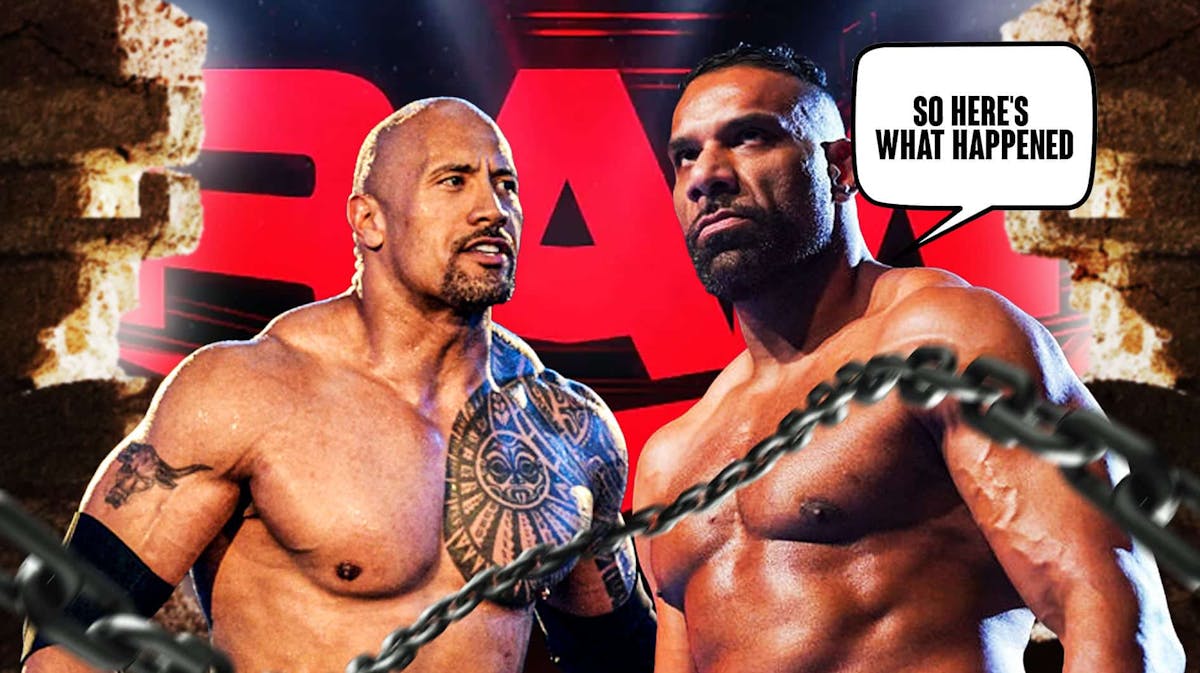 Jinder Mahal with a text bubble reading "So here's what happened" next to The Rock with the RAW logo as the background.