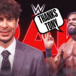 Jinder Mahal with a text bubble reading "Thanks Tony" next to Tony Khan with the RAW logo as the background.
