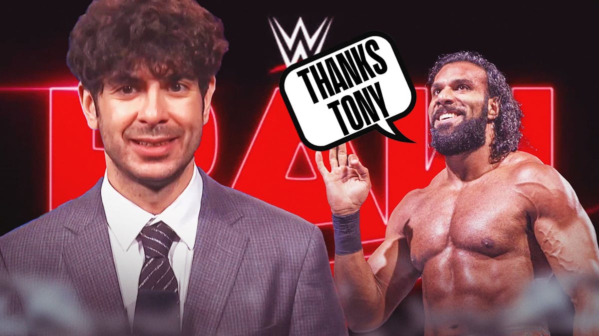 Jinder Mahal with a text bubble reading "Thanks Tony" next to Tony Khan with the RAW logo as the background.