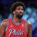 Philadelphia 76ers center Joel Embiid (21) look up during the second half during game two of the first round for the 2024 NBA playoffs against the New York Knicks at Madison Square Garden.