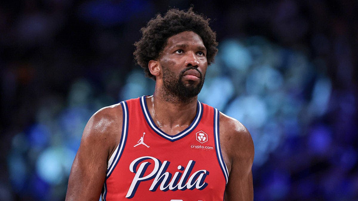 Philadelphia 76ers center Joel Embiid (21) look up during the second half during game two of the first round for the 2024 NBA playoffs against the New York Knicks at Madison Square Garden.