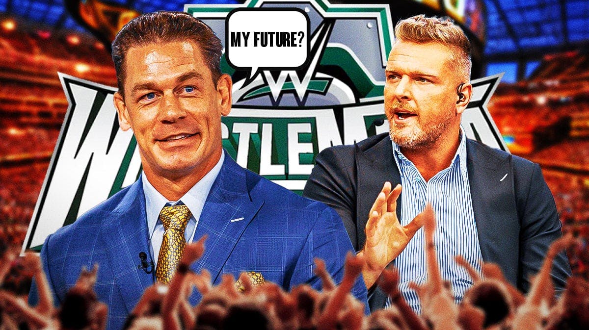 John Cena with a text bubble reading "My future?" next to Pat McAfee with the WrestleMania 40 logo as the background.