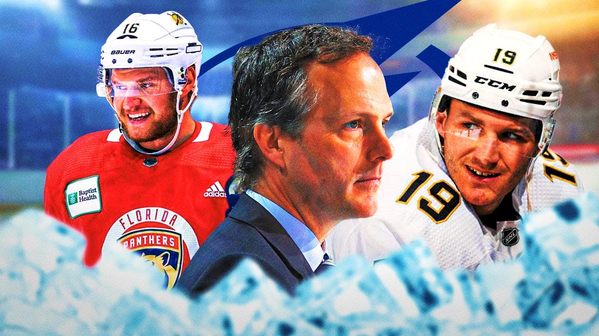 Jon Cooper in middle of image looking stern, Matthew Tkachuk and Sasha Barkov on either side looking happy, TB Lightning logo, hockey rink in background
