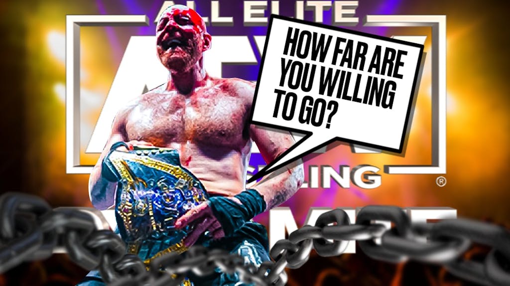 Jon Moxley holding the IWGP World Heavyweight Championship belt with a text bubble reading "How far are you willing to go?" with the AEW Dynamite logo as the background.