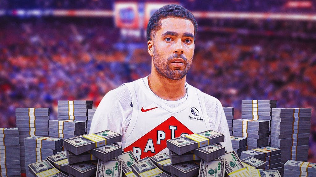 Jontay Porter surrounded by piles of cash.
