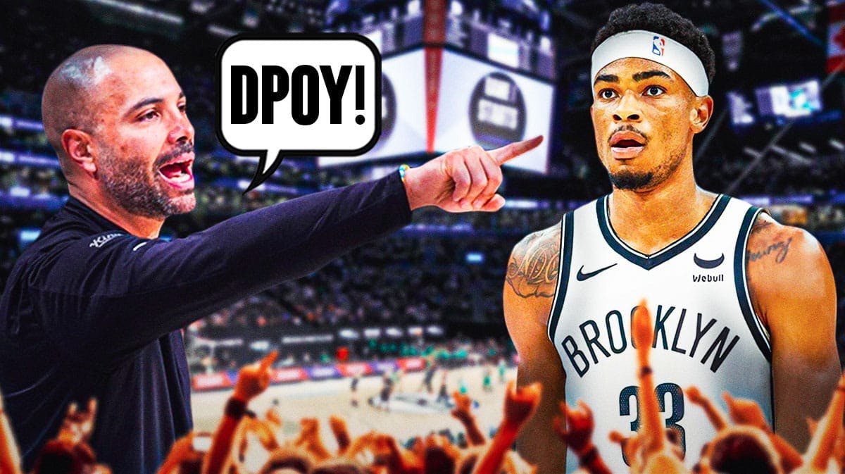 Jordi Fernandez in Brooklyn Nets gear on one side with a speech bubble that says "DPOY!", Nic Claxton on the other side