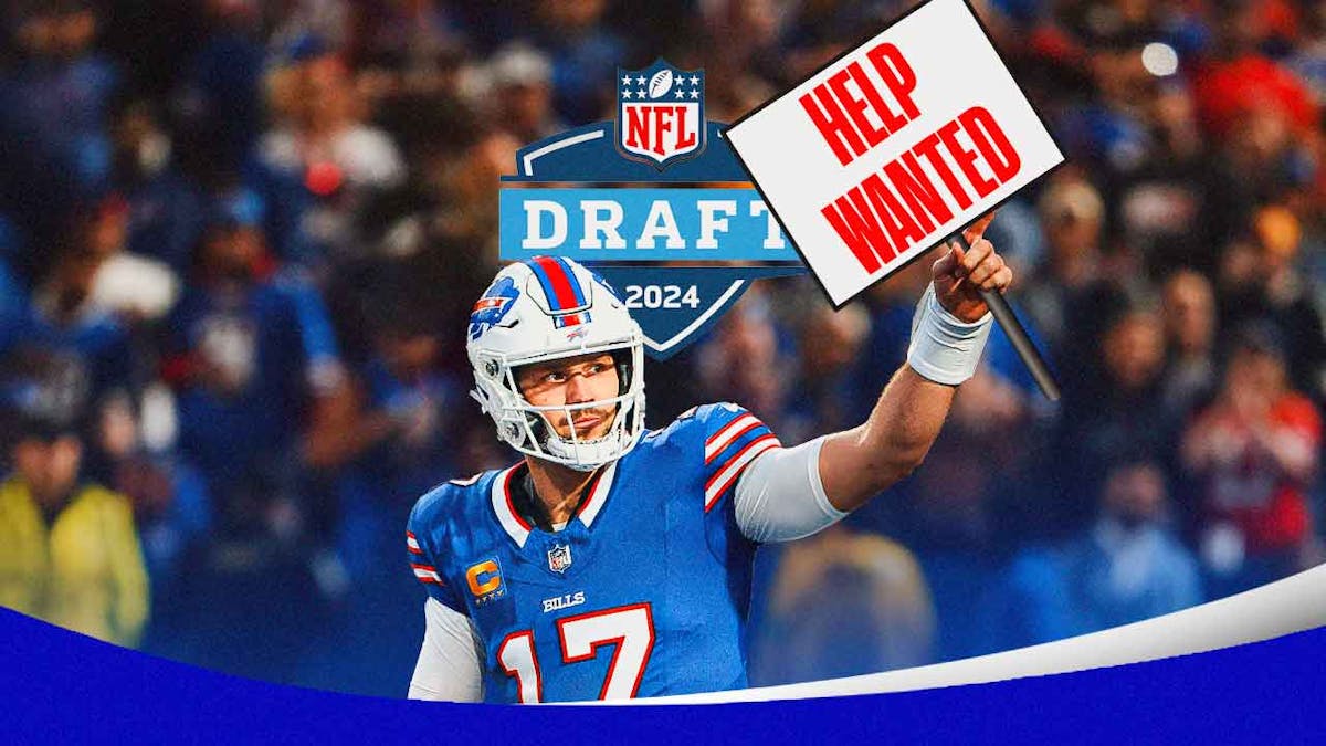 Buffalo Bills quarterback Josh Allen holding a "Help Wanted" sign with the 2024 NFL Draft logo