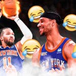 Jalen Brunson shooting a basketball with flames coming off of it. Josh Hart laughing with cry laughing emojis around him