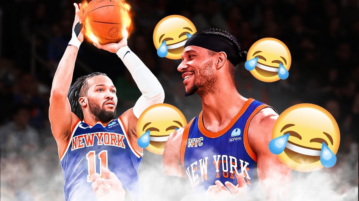 Jalen Brunson shooting a basketball with flames coming off of it. Josh Hart laughing with cry laughing emojis around him
