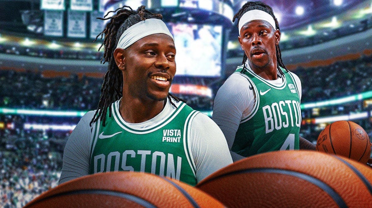 Jrue Holiday (celtics jersey) smiling on a Boston background with an NBA championship trophy next to him