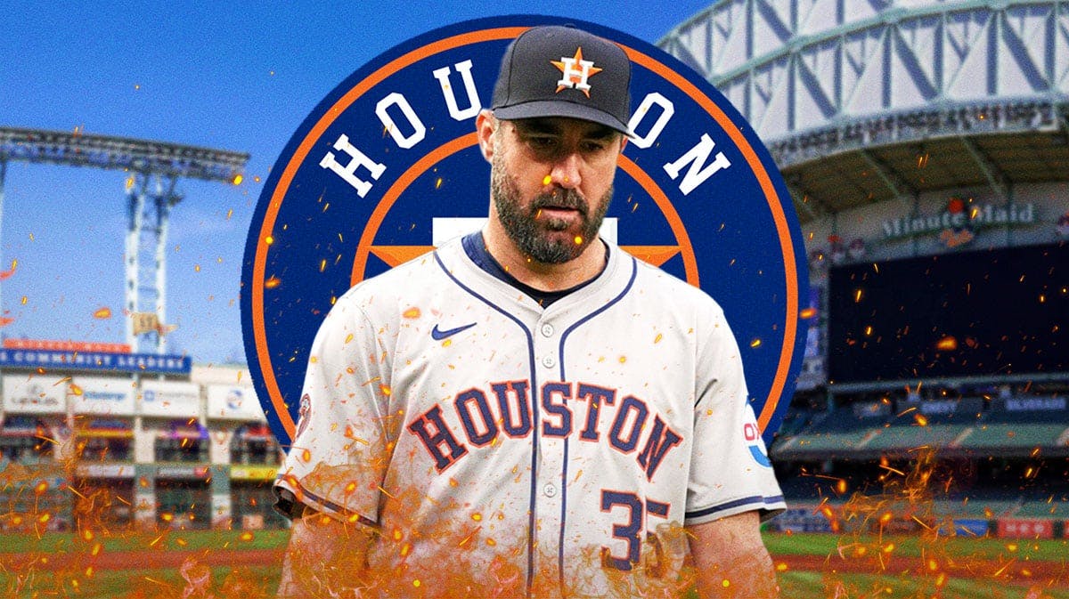 Justin Verlander on fire in front of an Astros logo at Minute Maid Park