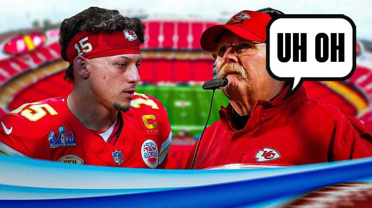 Patrick Mahomes and Andy Reid with a speech bubble that says "Uh oh"