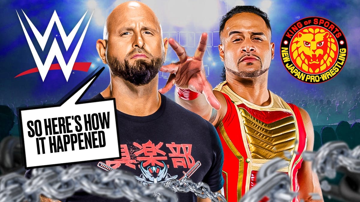 Karl Anderson with a text bubble reading "So here's how it happened" next to Tama Tonga with the New Japan Pro Wrestling and the WWE logos in the background.