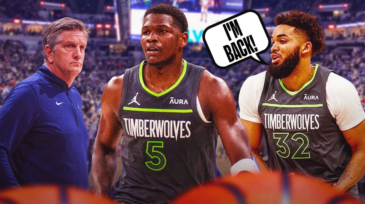 Timberwolves' Karl-Anthony Towns saying "I'm back" next to Chris Finch and Anthony Edwards