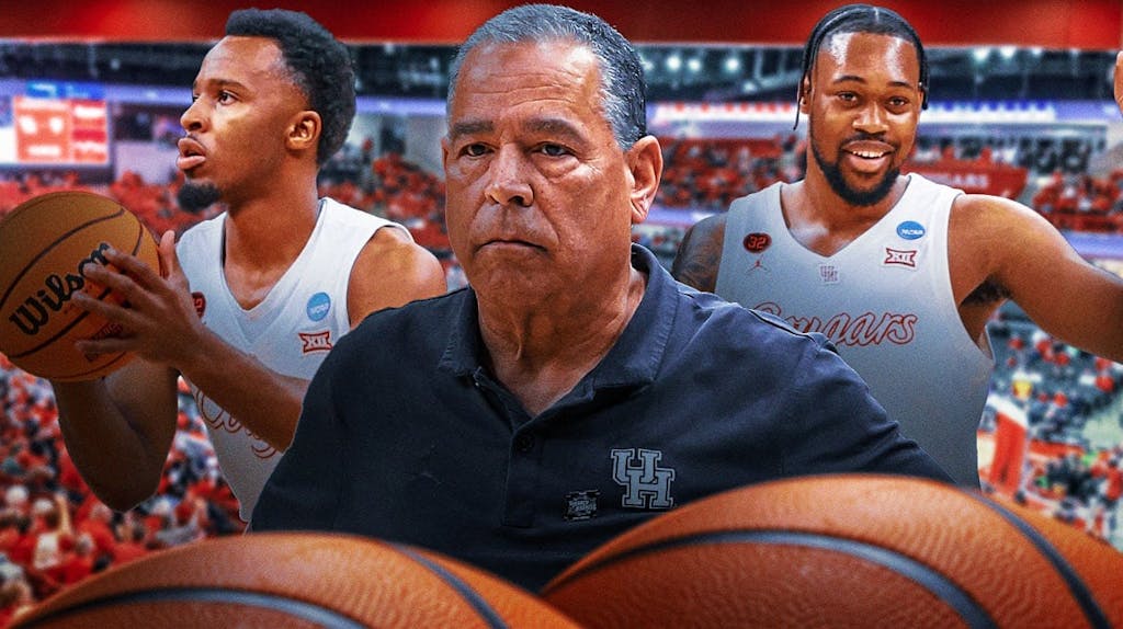 Houston basketball coach Kelvin Sampson with LJ Cryer and J'Wan Roberts looking.
