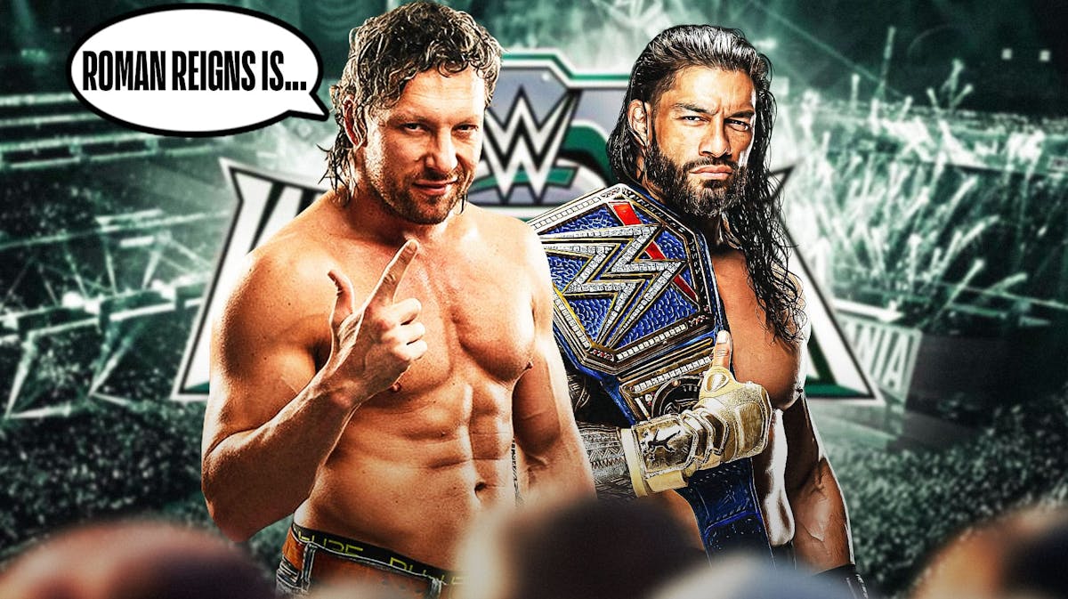 Kenny Omega with a text bubble reading "Roman Reigns is..." next to Roman Reigns with the WrestleMania 40 logo as the background.
