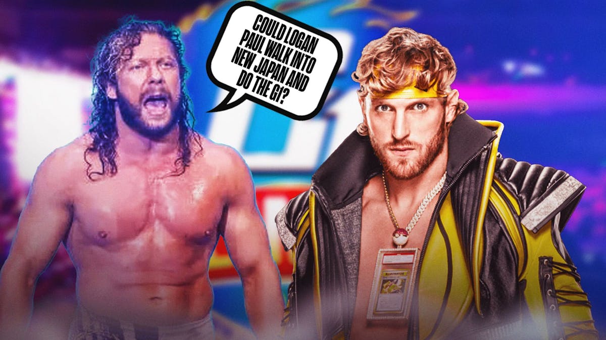 Kenny Omega with a text bubble reading, "Could Logan Paul walk into New Japan and do the G1?" next to Logan Paul with the New Japan Pro Wrestling G1 Climax logo as the background.
