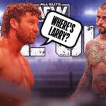 Kenny Omega with a text bubble reading "Where's Larry?" next to CM Punk with the AEW All Out logo as the background.