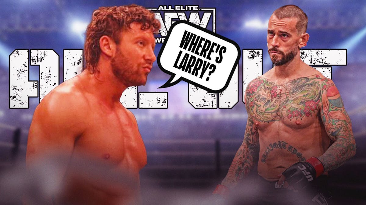 Kenny Omega with a text bubble reading "Where's Larry?" next to CM Punk with the AEW All Out logo as the background.